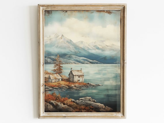 Lake Mountain Art Rustic Landscape Painting Vintage Nature Print Distressed Wall Art Rustic Home Decor Wall Decor