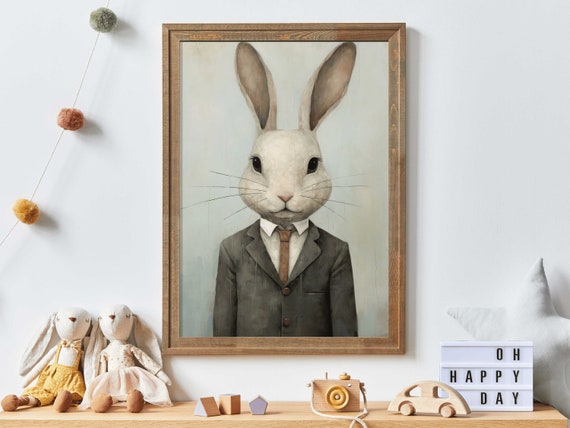 Vintage Nursery Decor Rabbit In Suit Tie Woodland Forest Animal Art Funny Rabbit Portrait Animals In Clothes Art