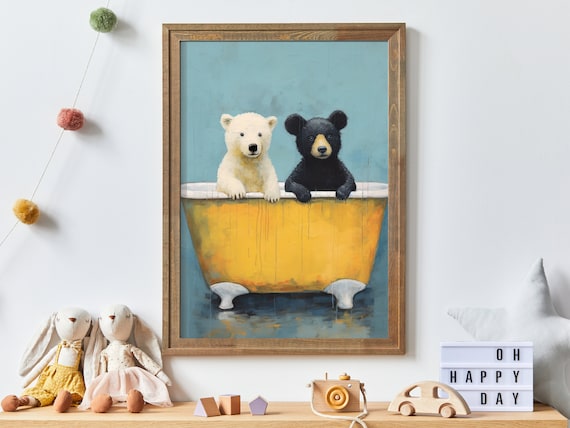 Two Bear Cubs In A Vintage Yellow Bathtub Whimsical Nursery Art Print