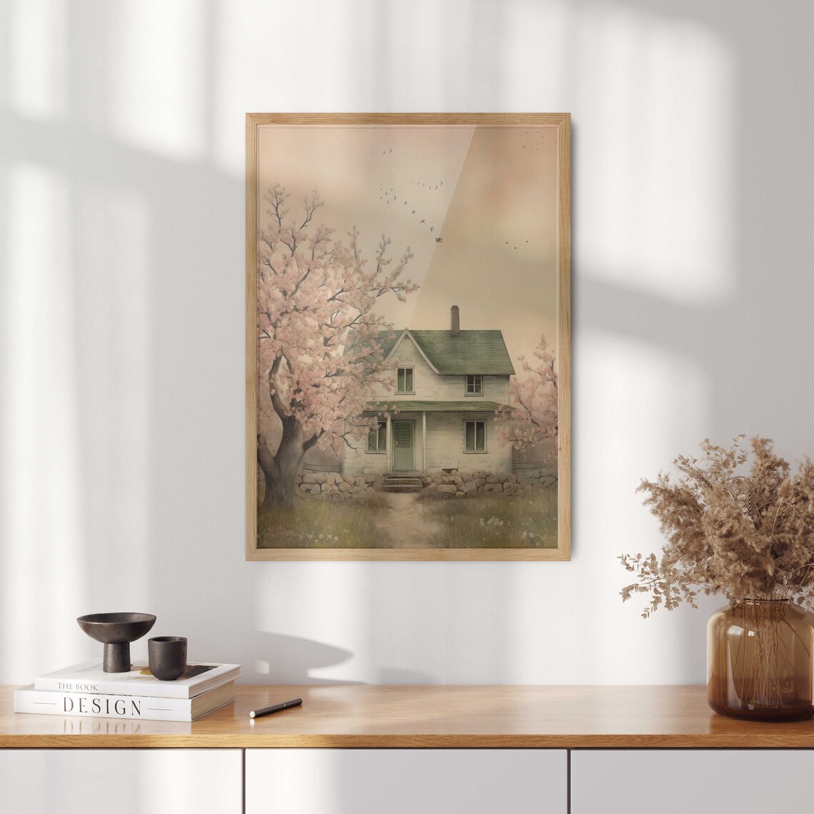 White Country House With Cherry Blossoms At Golden Sunset Poster - Image 2