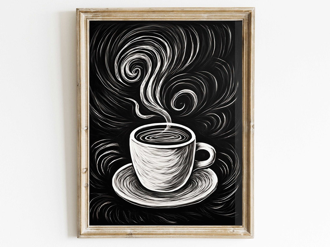 Steaming Coffee Cup Chalkboard Swirl Black And White Art Poster