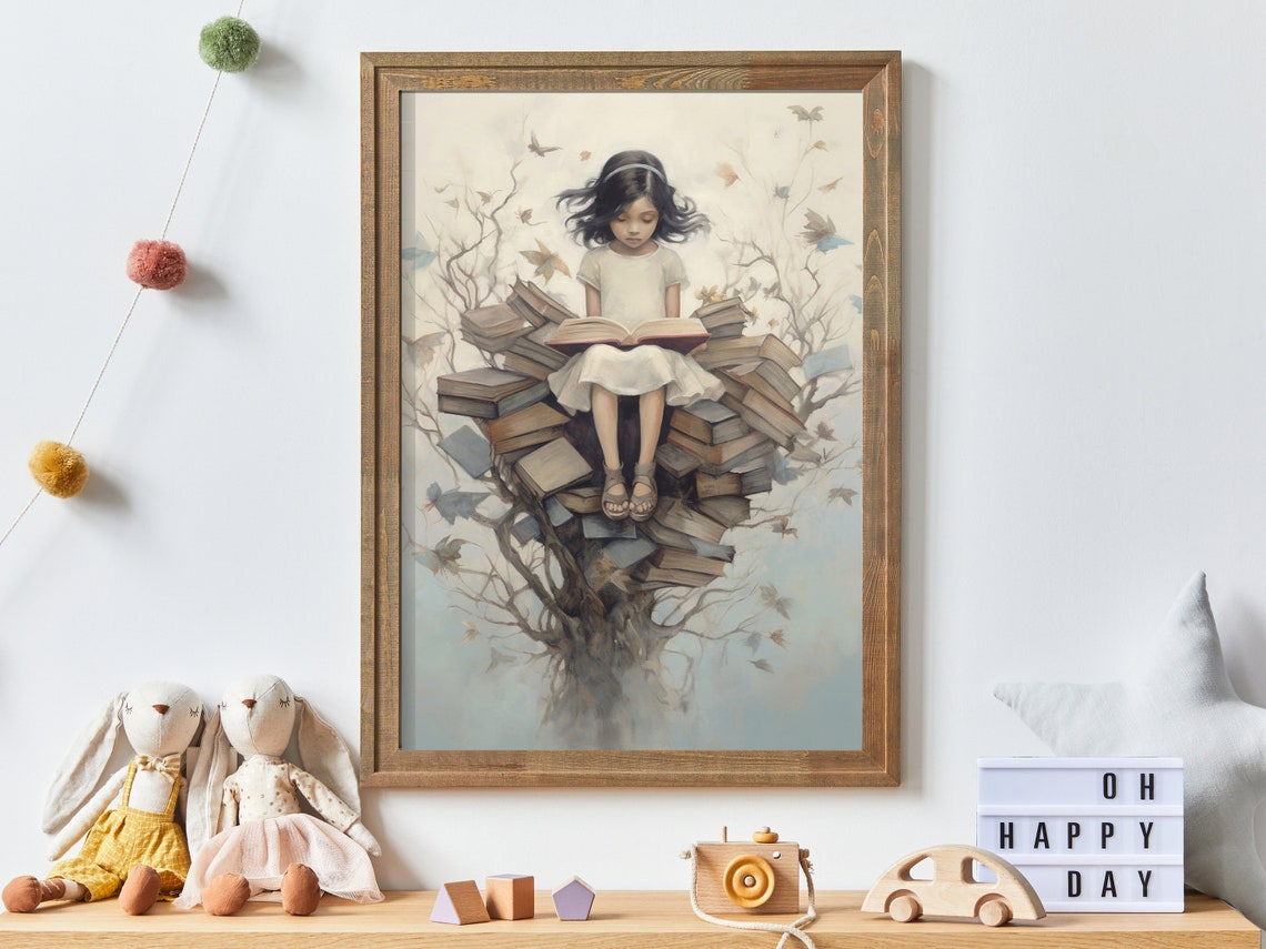 Little Girl Reading Atop a Nest of Books in a Dreamy Tree Poster