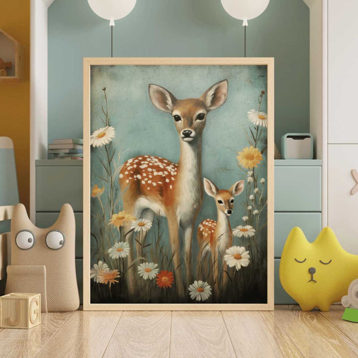 Doe And Fawn Among Daisies On Teal Vintage Nursery Animal Art Print - Image 2