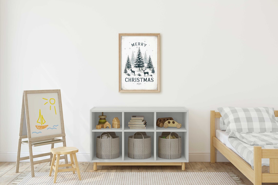 Elegant Merry Christmas Deer in Snowy Pine Forest Holiday Poster - Image 2