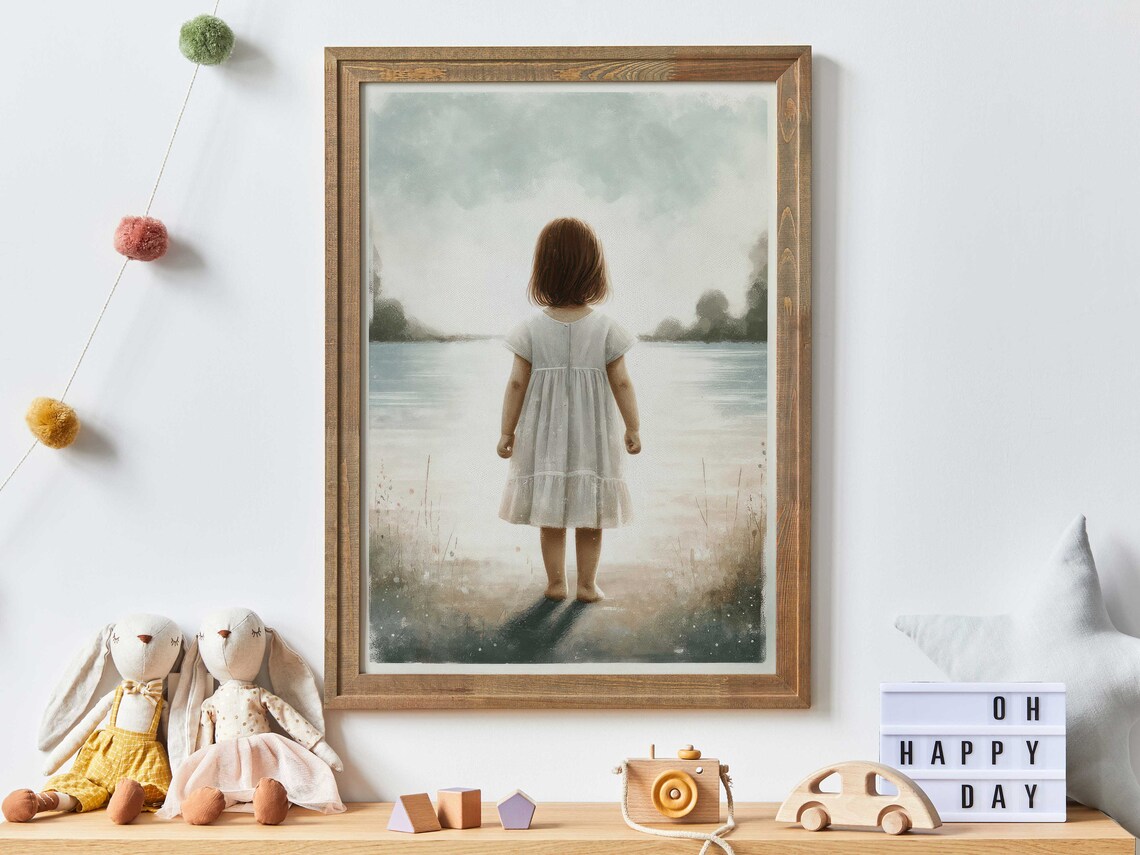 Little Girl by the Lake at Sunset Beach Nursery Adventure Poster