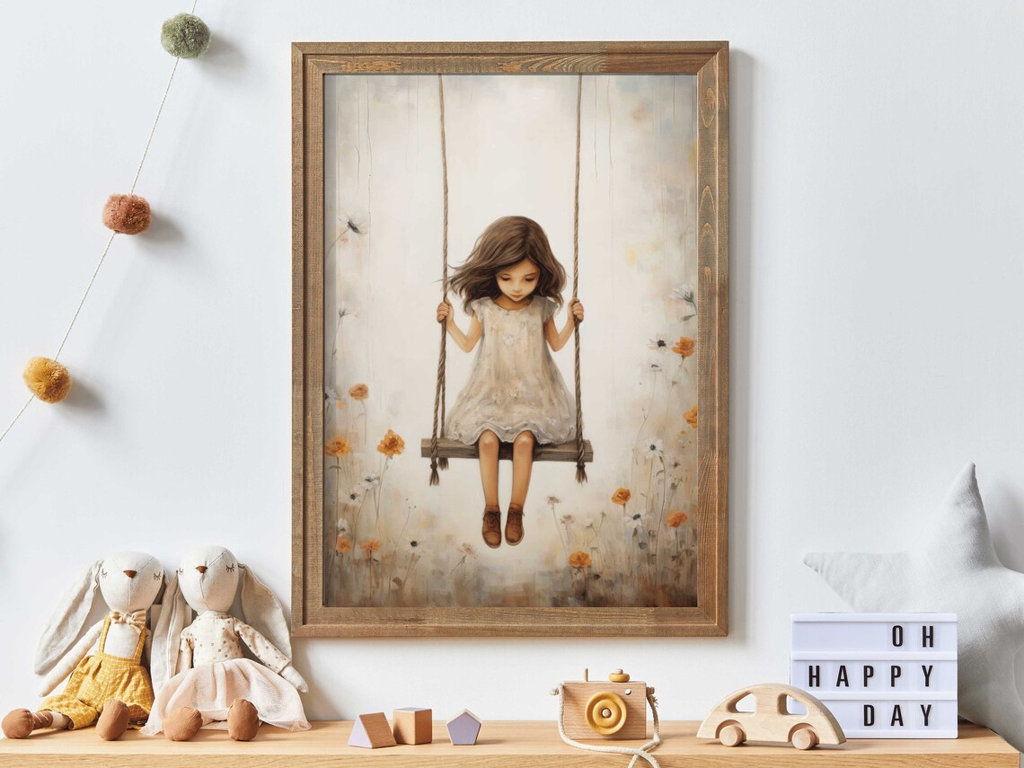 Little Girl on a Wooden Rope Swing Surrounded by Wildflowers Poster