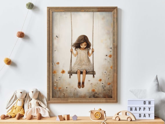 Little Girl on a Wooden Rope Swing Surrounded by Wildflowers Poster
