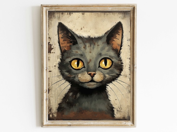 Black Cat With Golden Eyes Portrait On Distressed Vintage Cat Art Print