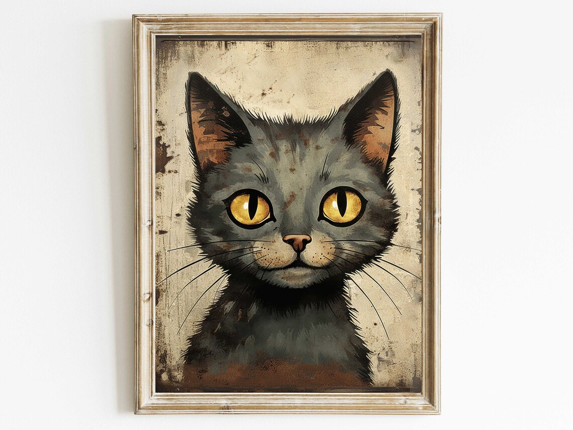 Black Cat With Golden Eyes Portrait On Distressed Vintage Cat Art Print