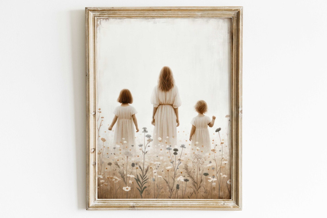 Mother and Two Daughters Walking Through a Wildflower Field Poster