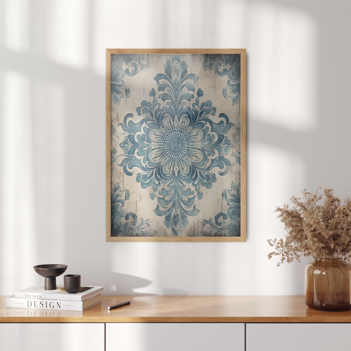 Blue Ornamental Damask Floral On Antique Wood Vintage Farmhouse Print - Image 2