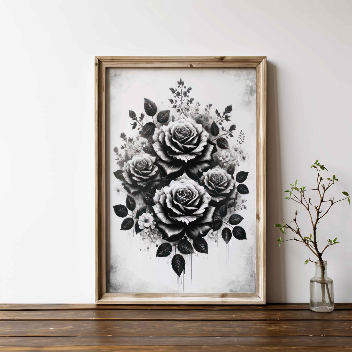 Black and White Roses Bouquet Ink Dramatic Monochrome Floral Poster - Image 2