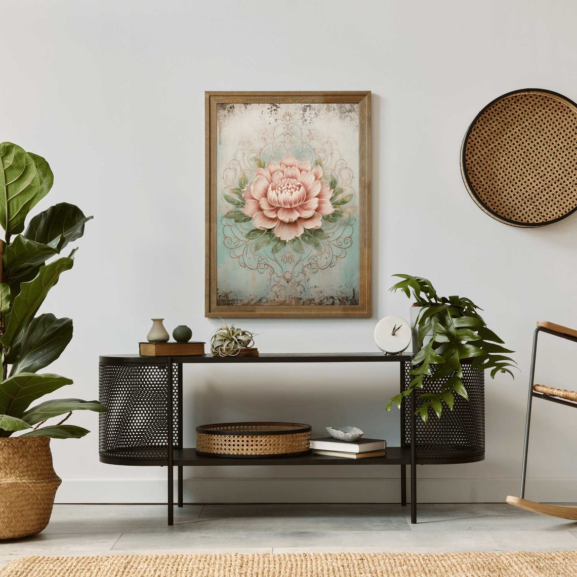 Vintage Pink Peony Bloom With Ornamental Scrollwork Wall Art - Image 2