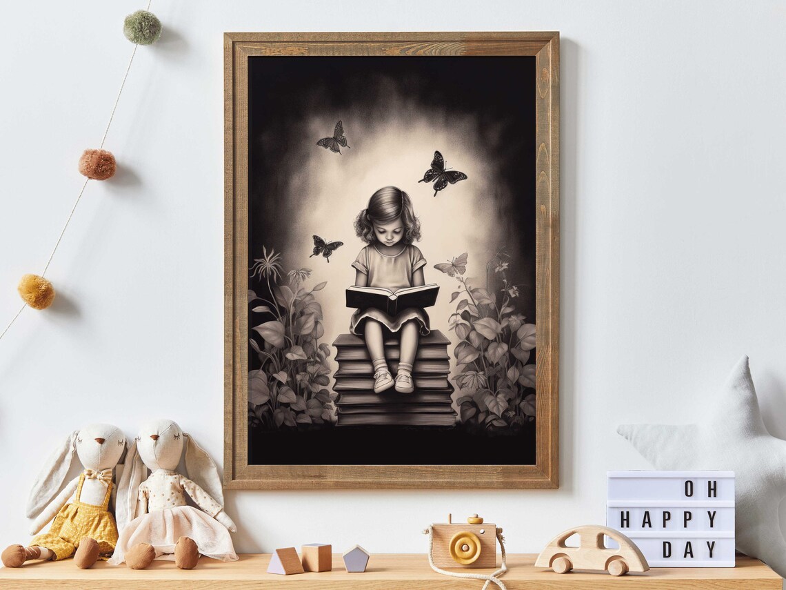 Girl Reading A Book On Stacked Books With Butterflies Monochrome Print