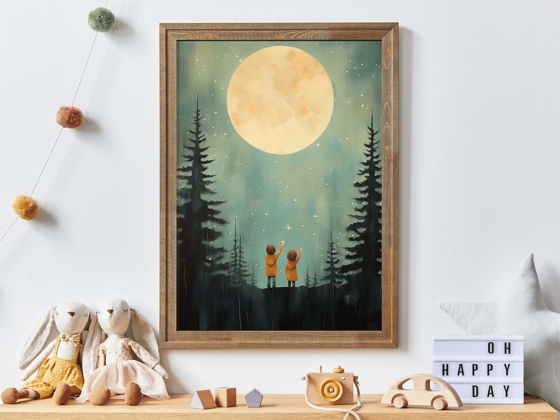 Two Kids Reaching for the Giant Full Moon Over Pine Forest Poster - Image 2