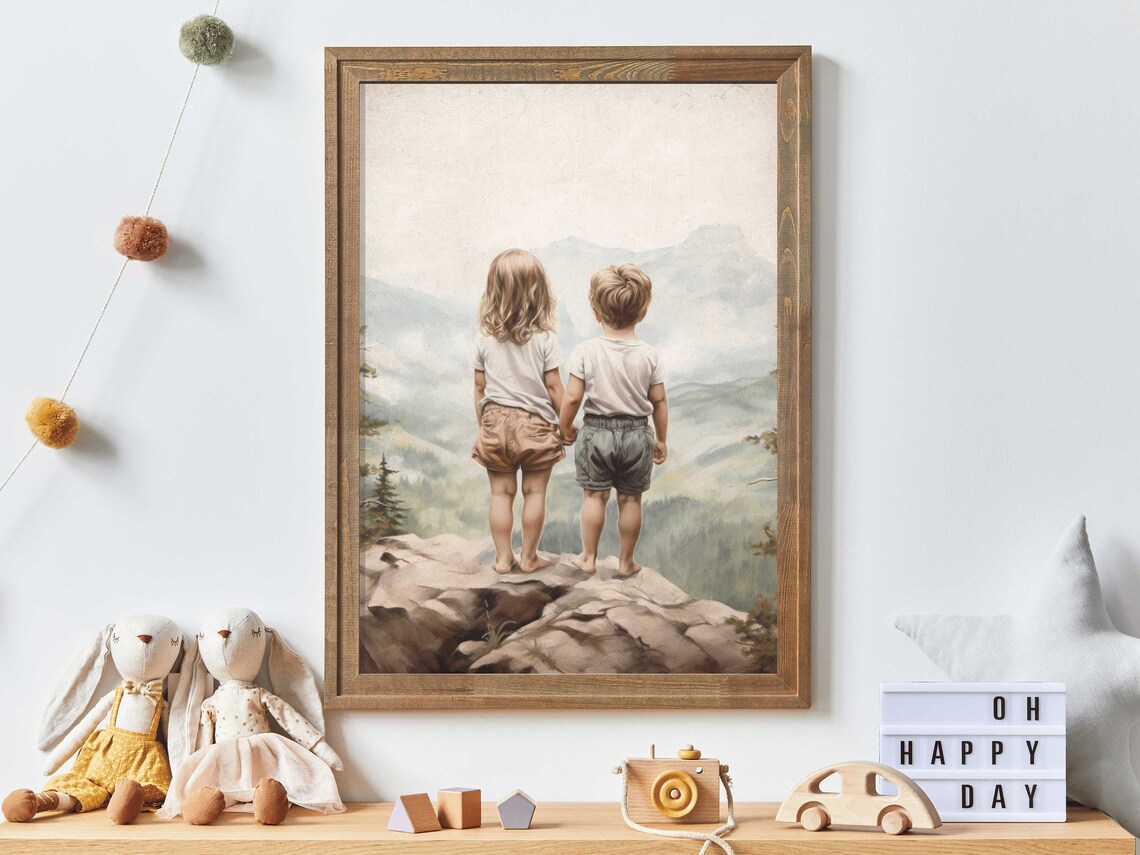 Vintage Siblings Adventure Mountain Nursery Art Print
