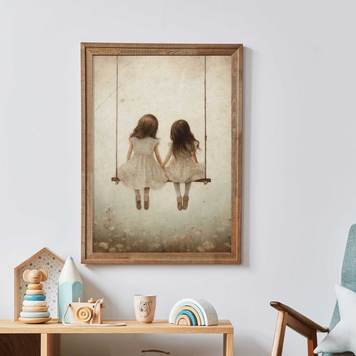 Sisters Vintage Nursery Art, Girls on Swing Art Print - Image 2