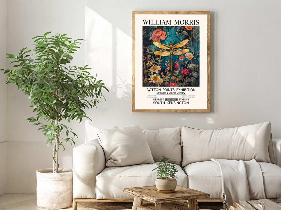 William Morris Golden Dragonfly Teal Wildflower Exhibition Poster - Image 2