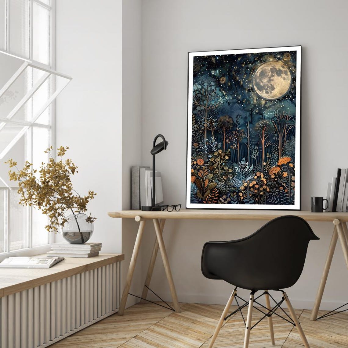 Celestial Wall Art Starry Night And Full Moon Print Golden Full Moon Night Sky Print Vintage Moon Mystical Night Forest Wall Art - Image 2