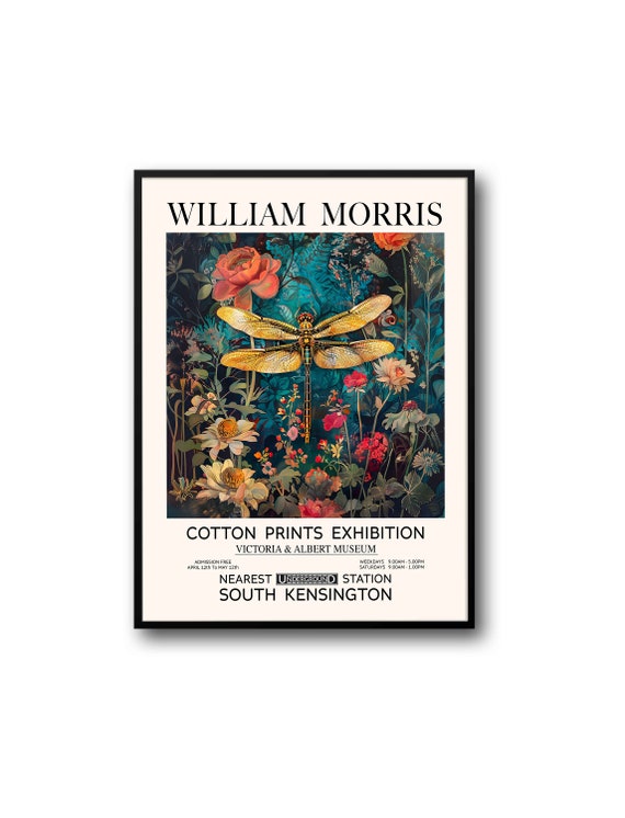 William Morris Dragonfly Print Gold Blue Vintage Flower Print Vibrant Dragonfly Exhibition Poster Living Room Print Classic Textile Print