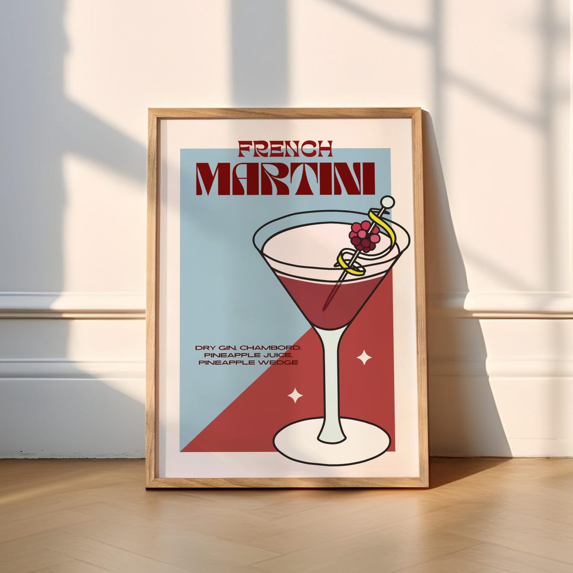 French Martini Retro Cocktail Bar Poster Red Blue Illustration