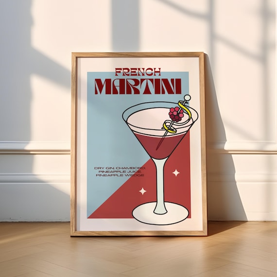 French Martini Retro Cocktail Bar Poster Red Blue Illustration