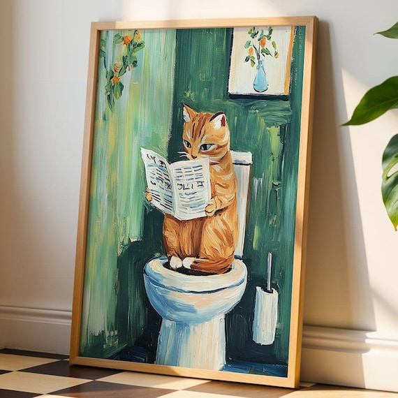 Funny Cat Reading Newspaper On Toilet Quirky Bathroom Art Print