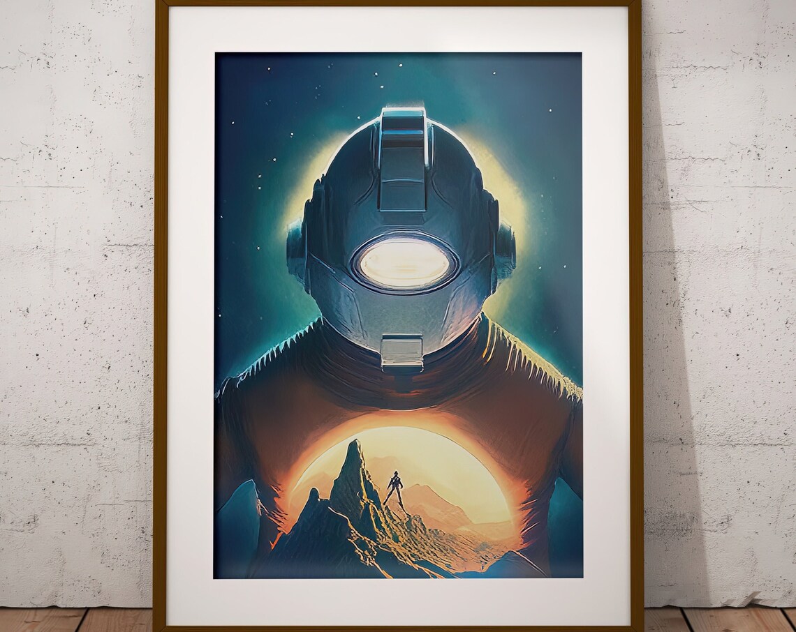 Retro Sci Fi Astronaut Poster Giant Helmet Mountain Double Exposure