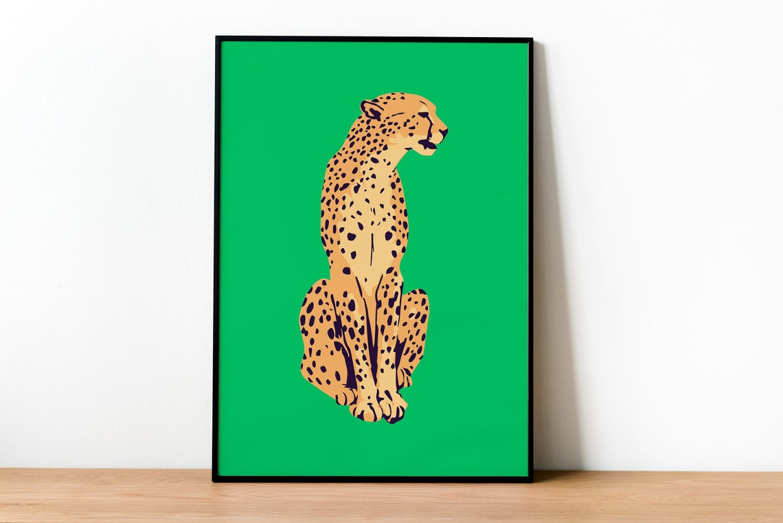 Cheetah Leopard Green Background Bold Animal Illustration Poster