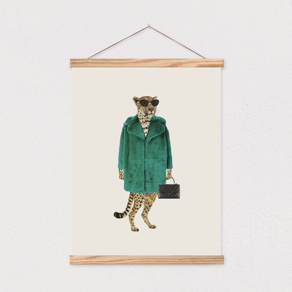 Chic Leopard In Green Fur Coat And Sunglasses Funny Fashion Animal Poster