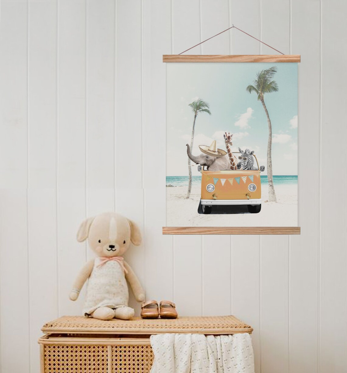 Neutral Beach Animals, Palms Retro Car Nursery Art Print