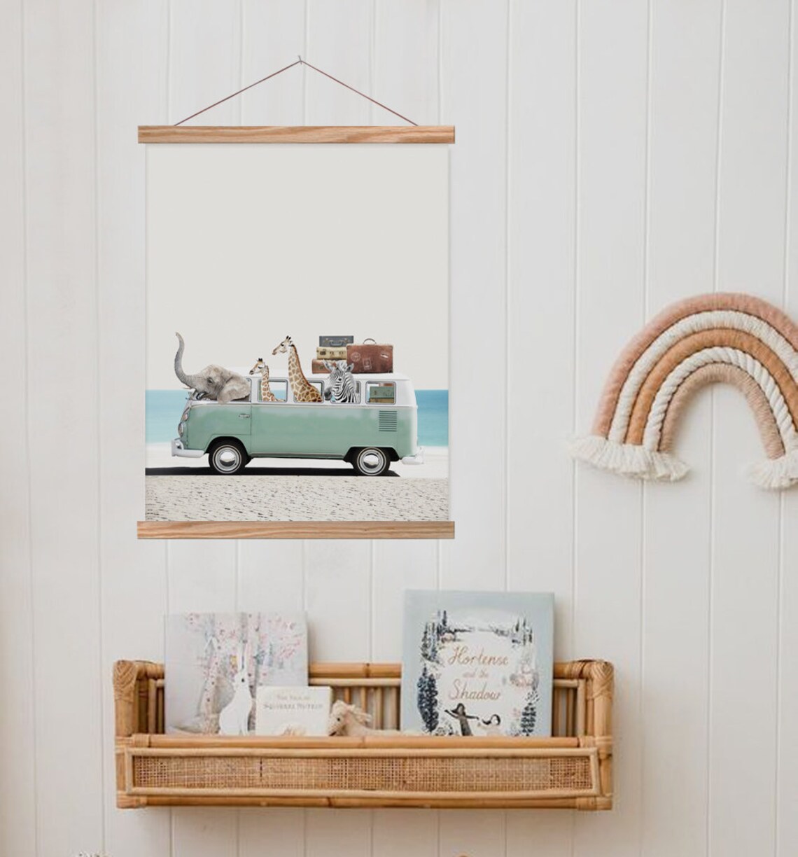 Neutral Beach Animals and Palms Retro Car Art Print