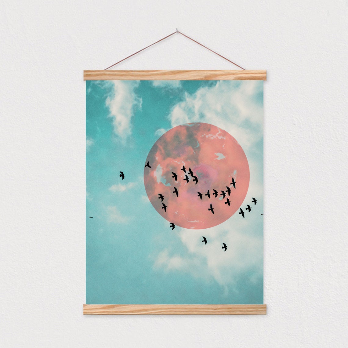 Coral Red Moon Birds Teal Sky Dreamy Nature Adventure Poster