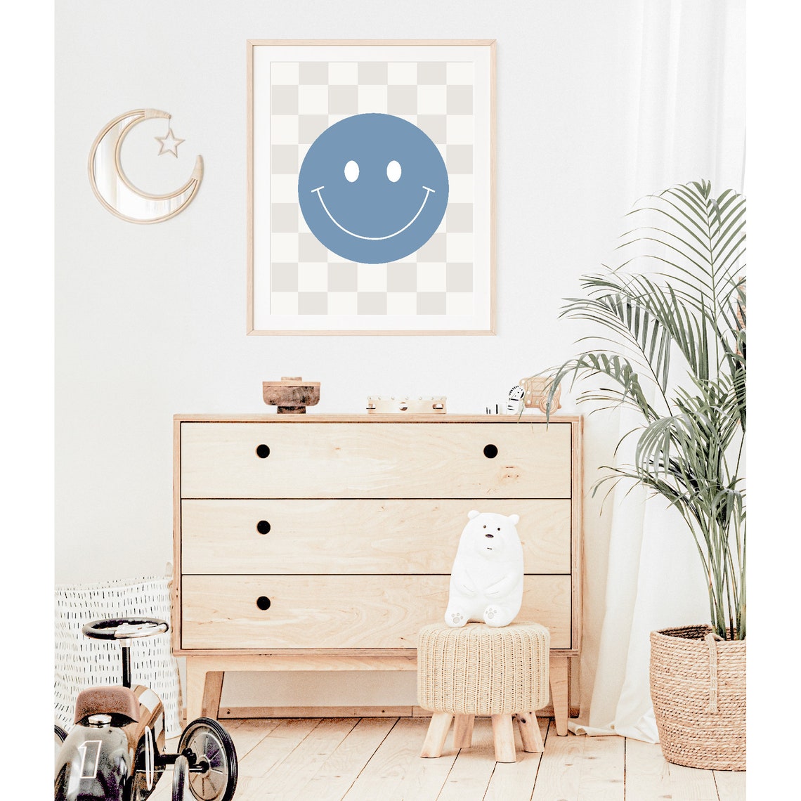 Retro Blue Smiley Face Checkerboard Nursery Kids Room Wall Art - Image 3
