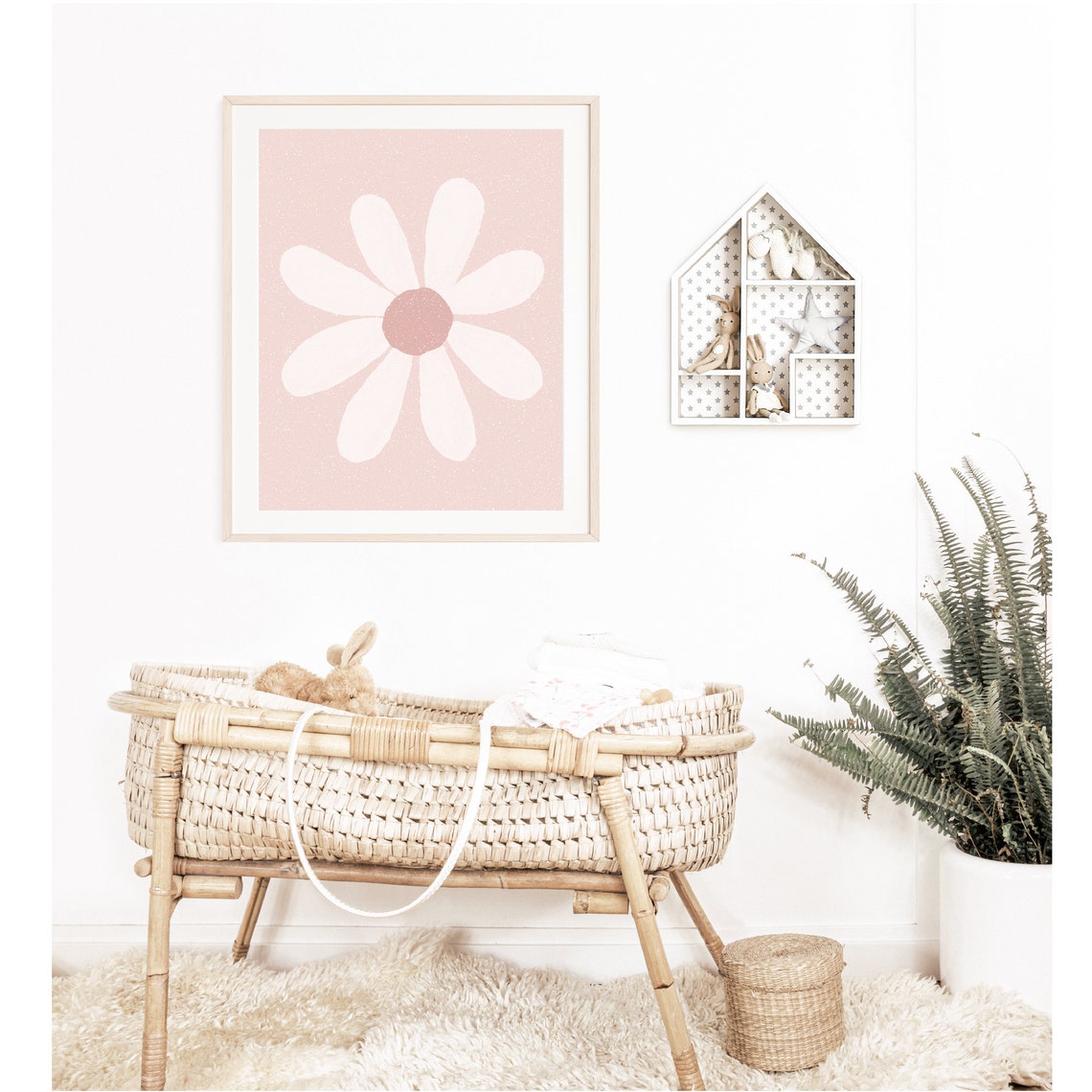 White Daisy Blush Pink Speckled Minimalist Nursery Girls Room Wall Art - Image 3