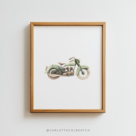 Motorcycle Print Boy Nursery Wall Art Vintage Transportation Boys Room Decor Kids Gallery Set Sage Green