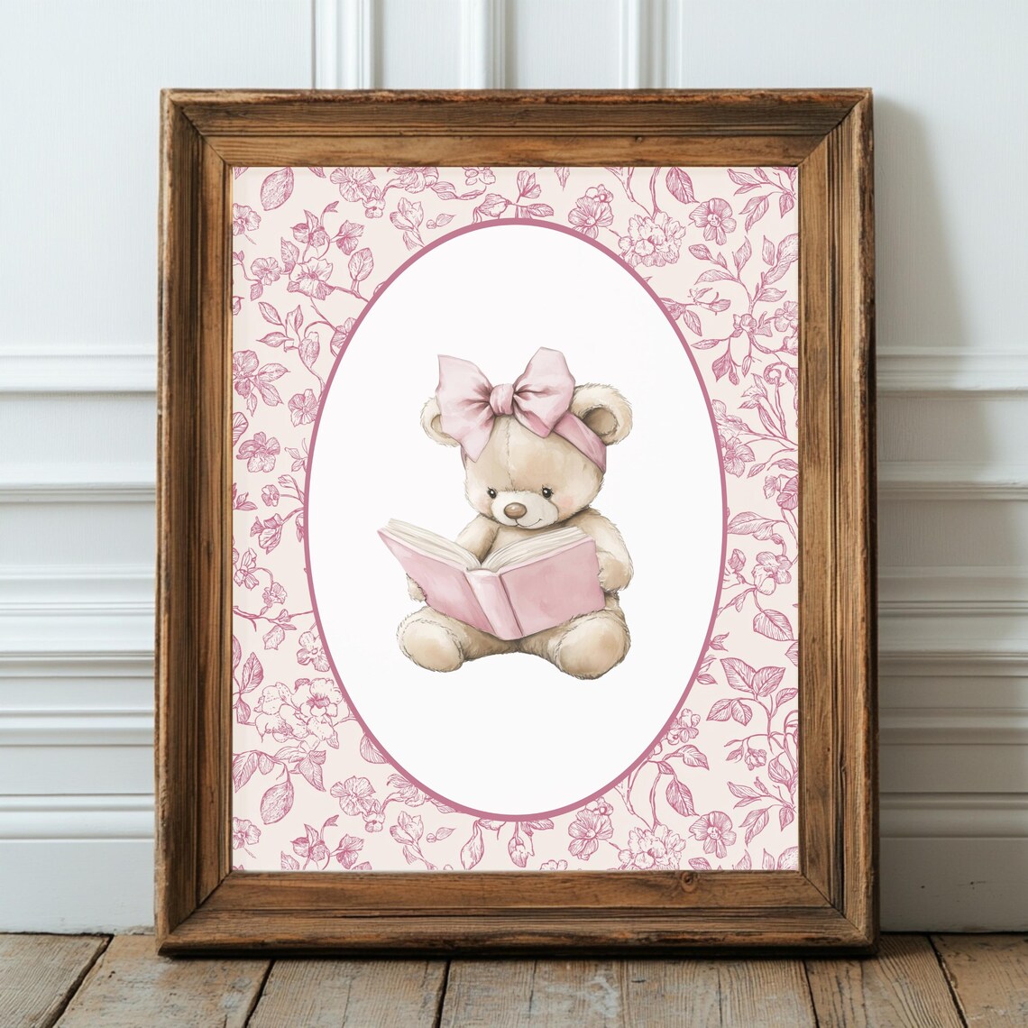 Vintage Bear Nursery Art Pink Floral Wall Grandmillennial Poster Teddy Book Lover