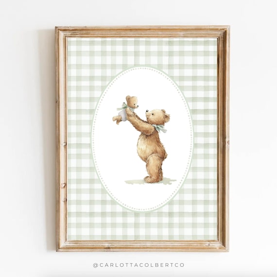 Sage Green Nursery Bear Watercolor Mom And Baby Teddy Poster