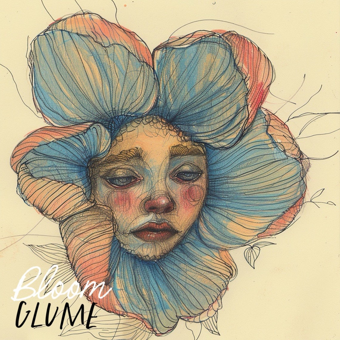 Malin Bloomies Blue Orange Petal Flower Face Lowbrow Art Print