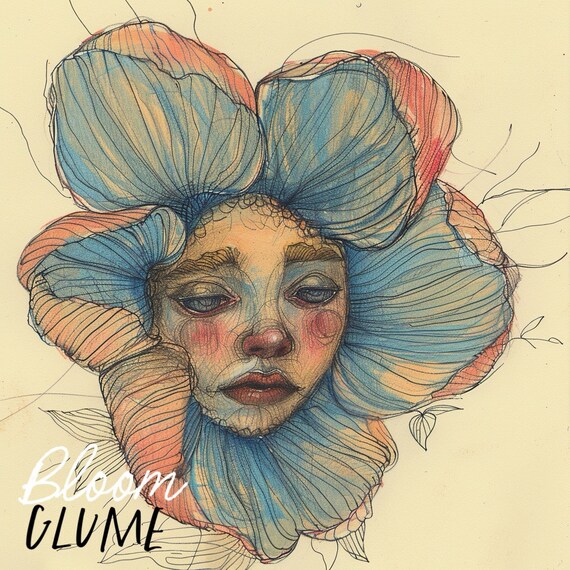Malin Bloomies Blue Orange Petal Flower Face Lowbrow Art Print