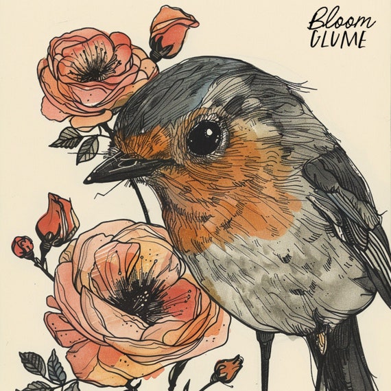 Robin Bird Line Art Print, Cottagecore Botanical