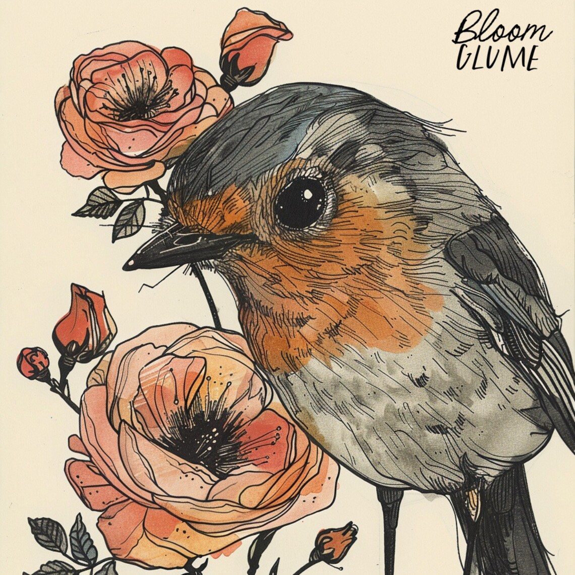 Robin Bird Line Art Print, Cottagecore Botanical