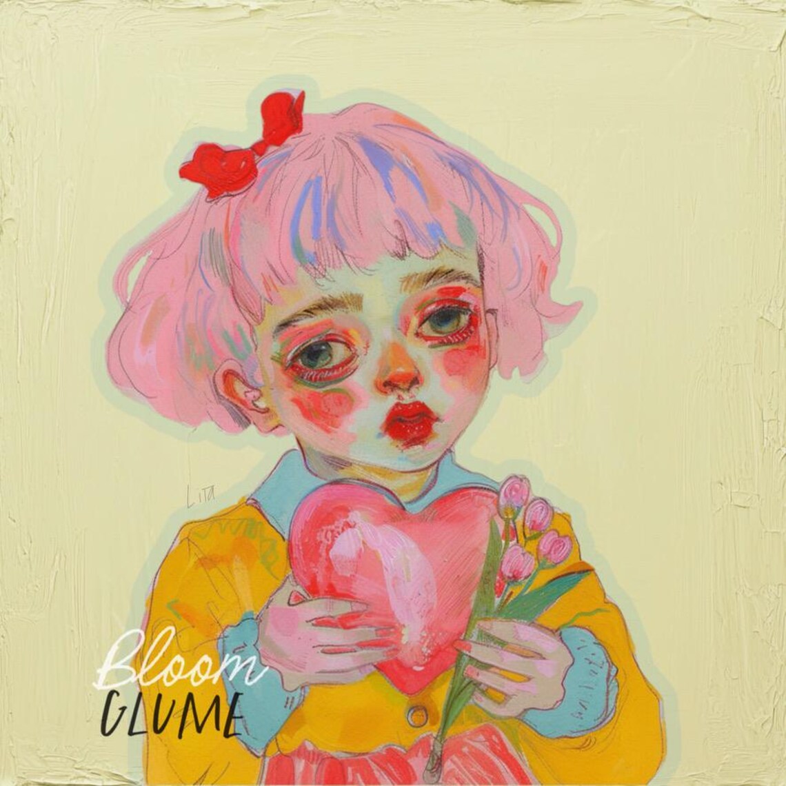 Sweet Pink Hair Girl Red Bow Holding Heart Tulips Valentines Art Print - Image 2