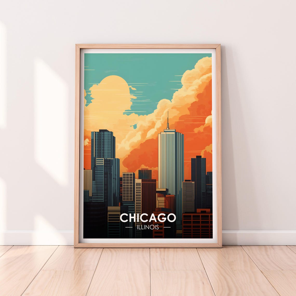 Chicago Illinois Downtown Skyline Sunset Orange Clouds Poster