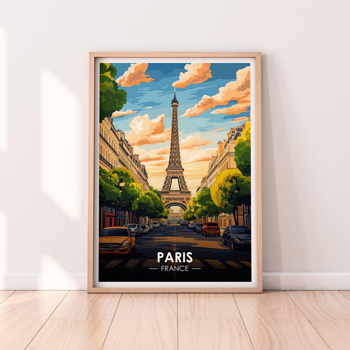 Paris France Eiffel Tower Tree Lined Street Vintage Travel Poster
