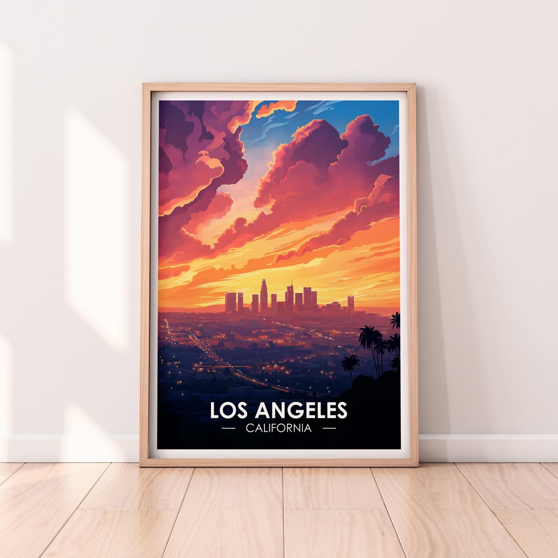 Los Angeles Downtown Skyline Fiery Sunset City Lights Poster