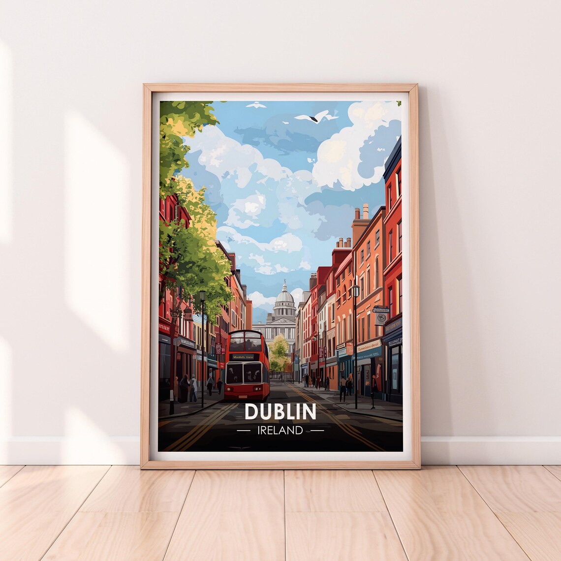 Dublin Ireland Red Bus Old Town Street Vintage Travel Poster
