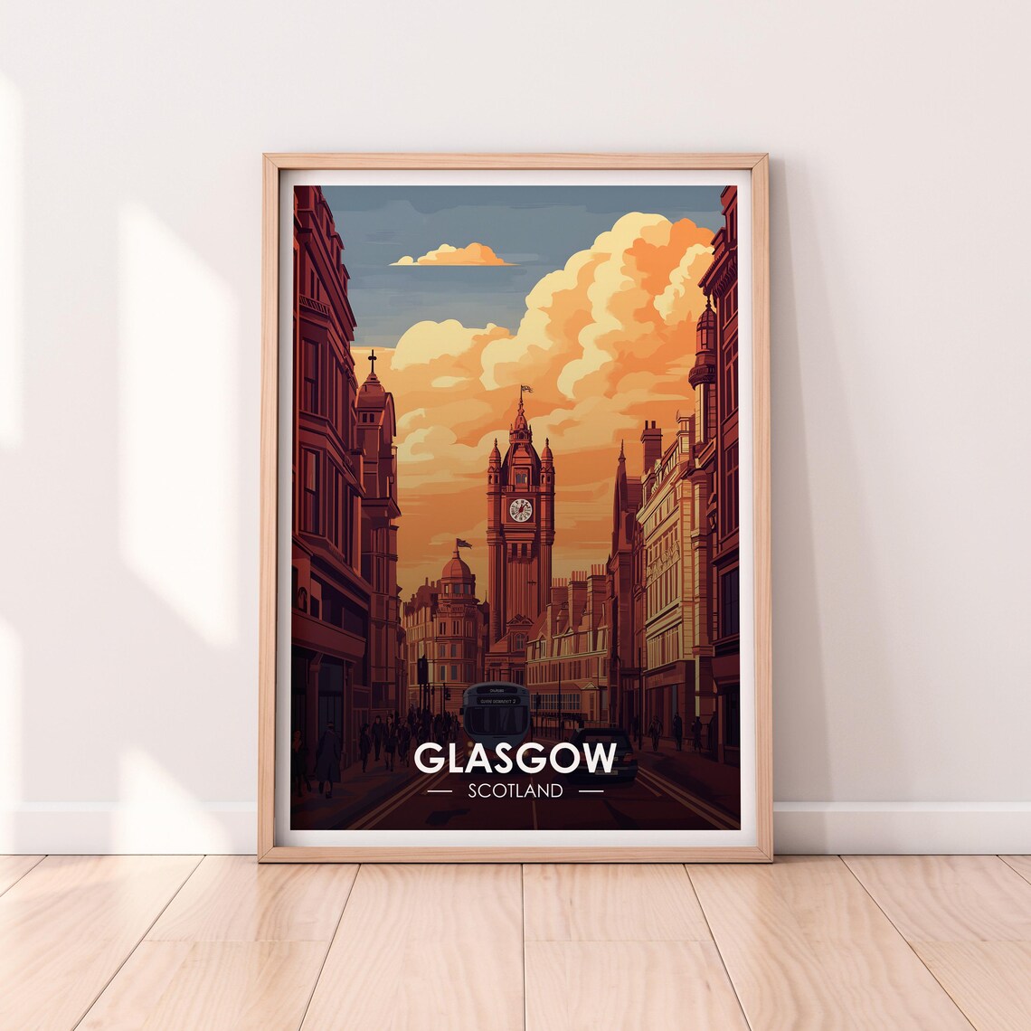Glasgow Scotland Clock Tower Historic Street Sunset Glow Poster