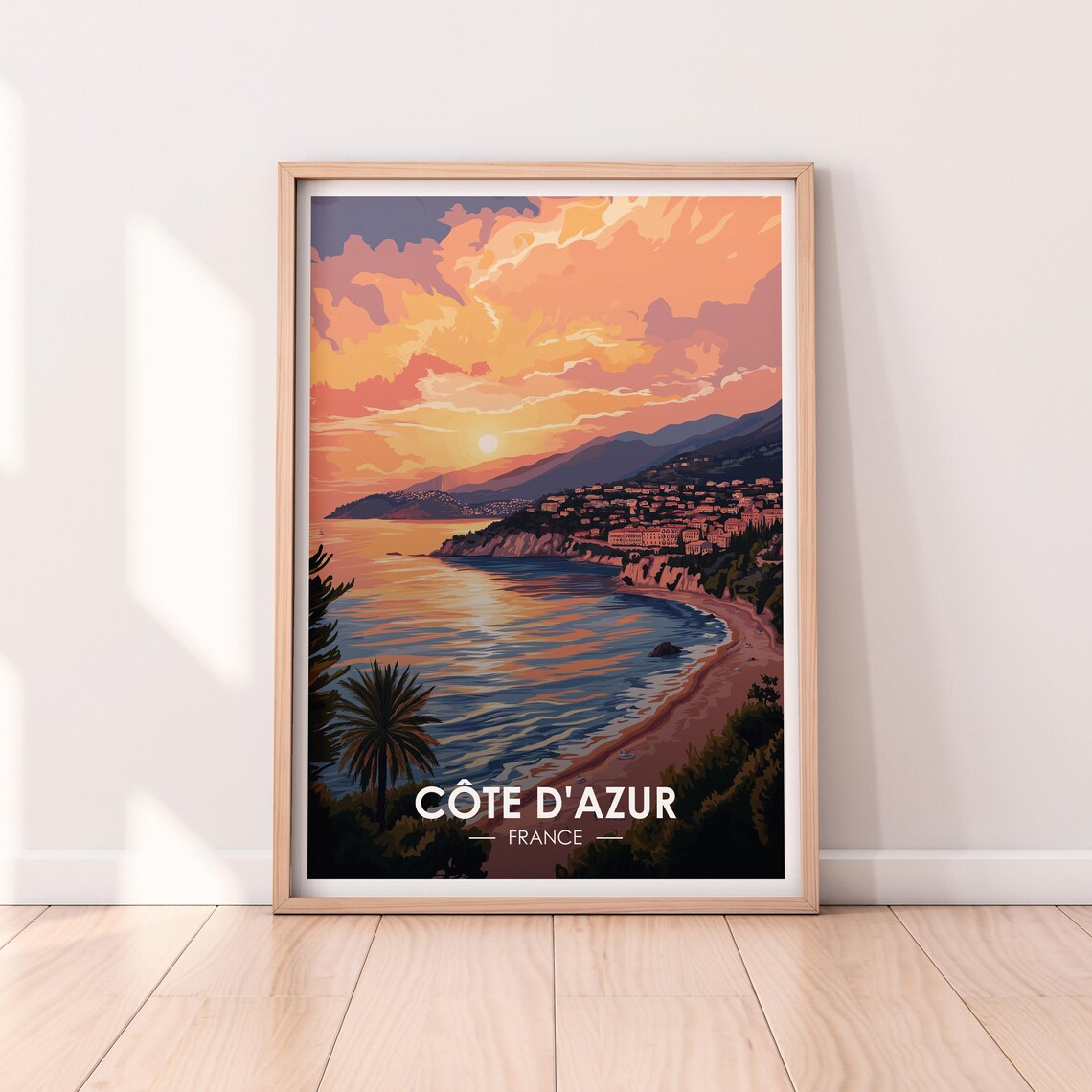 Cote dAzur France Sunset Coastline Beach Palm Vintage Travel Poster