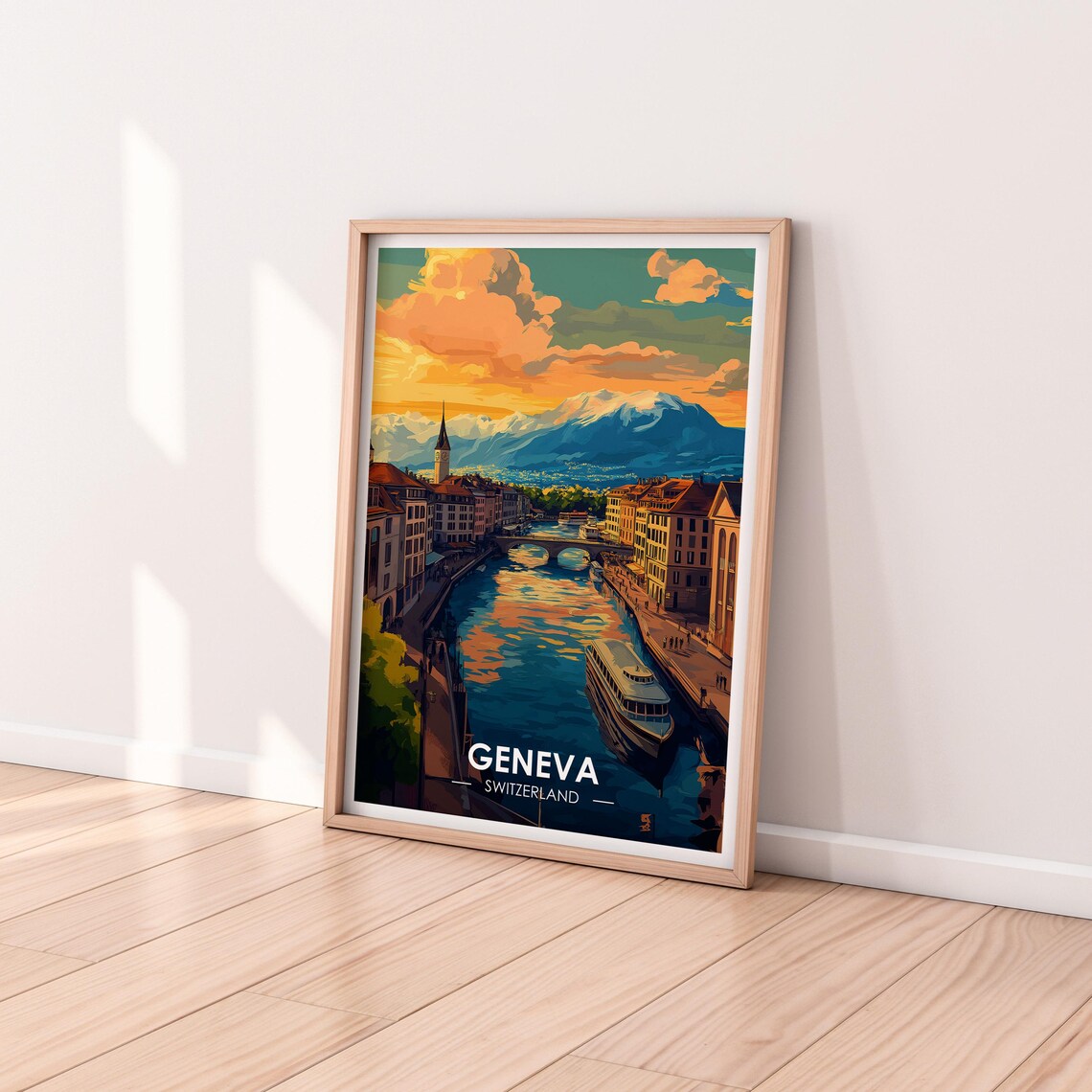 Geneva Switzerland Alpine Sunset River Old Town Boats Travel Poster - Image 2